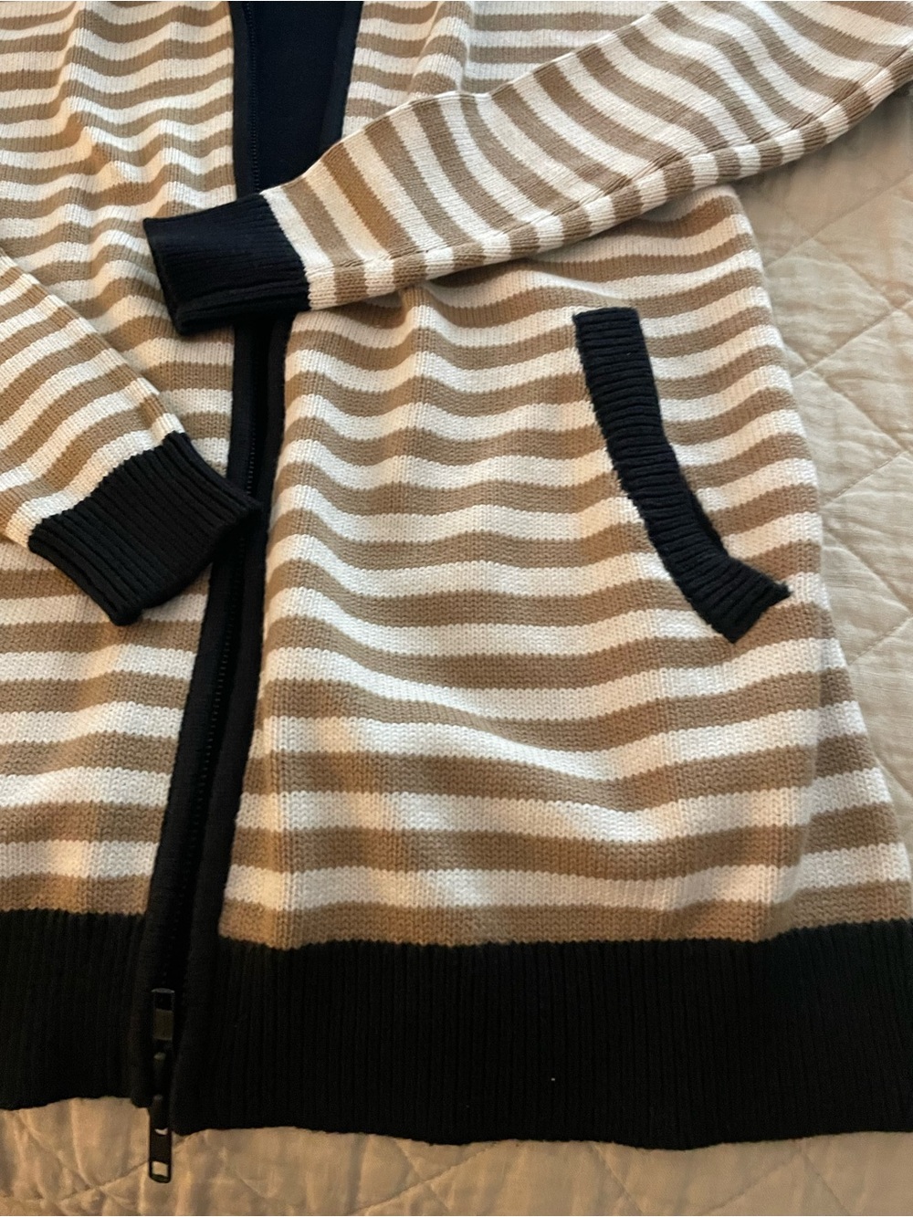 CAbi Striped Zip Cardigan in Beige, White & Black - Picture 4 of 4